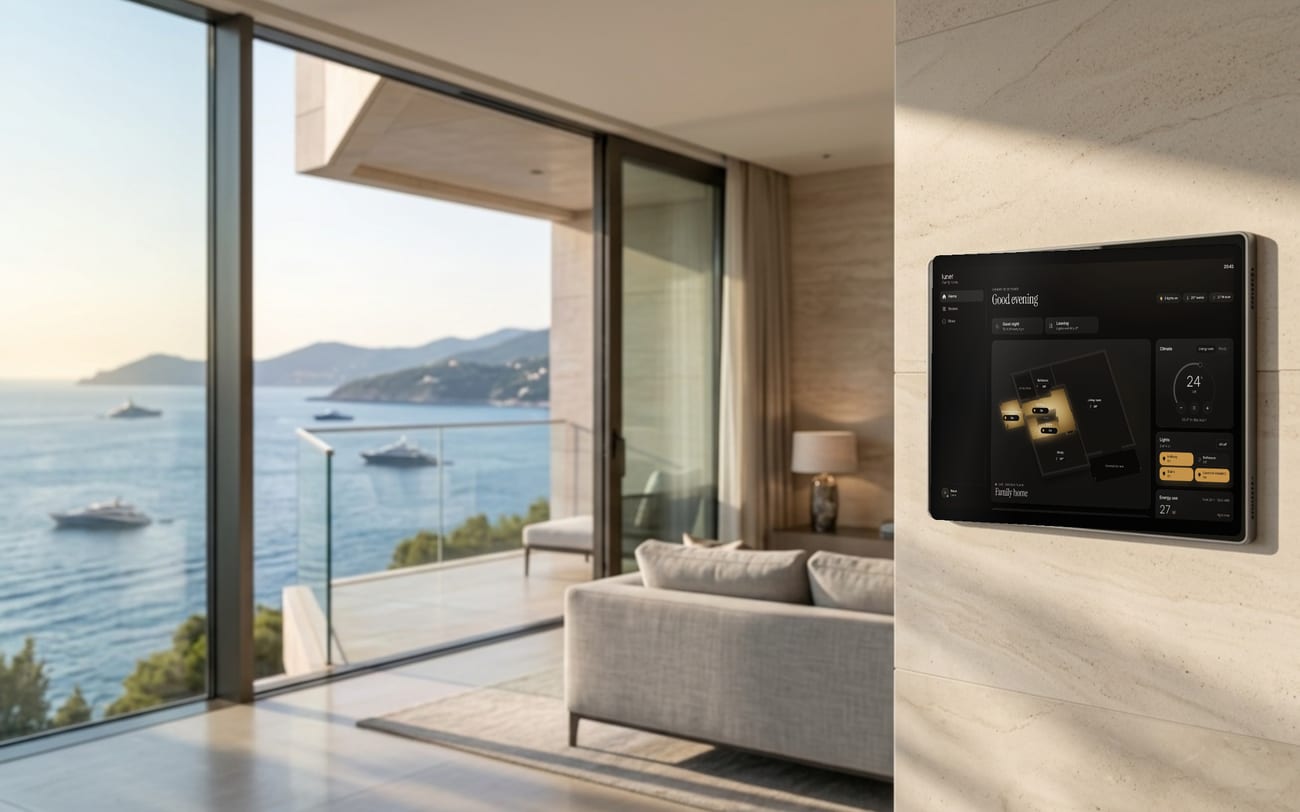 Wandtablet mit der Lunet-App im Wohnzimmer einer Villa mit Meerblick