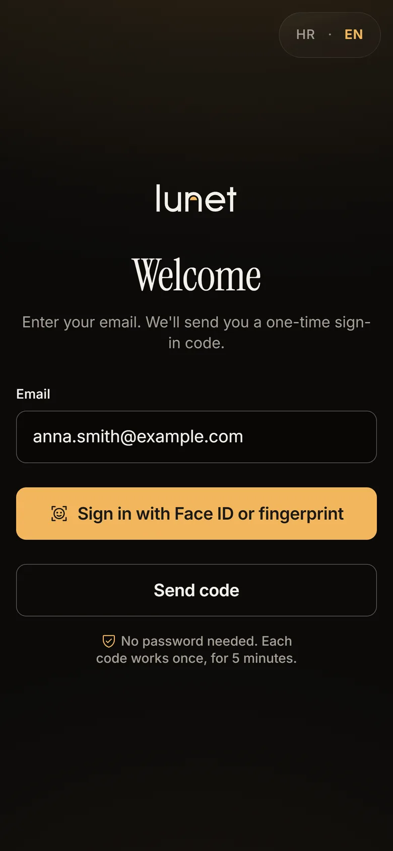 Lunet-App: der Anmeldebildschirm ohne Passwort