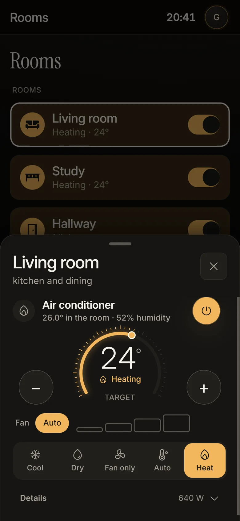 Lunet-App: der Raumbildschirm mit Licht und Klima