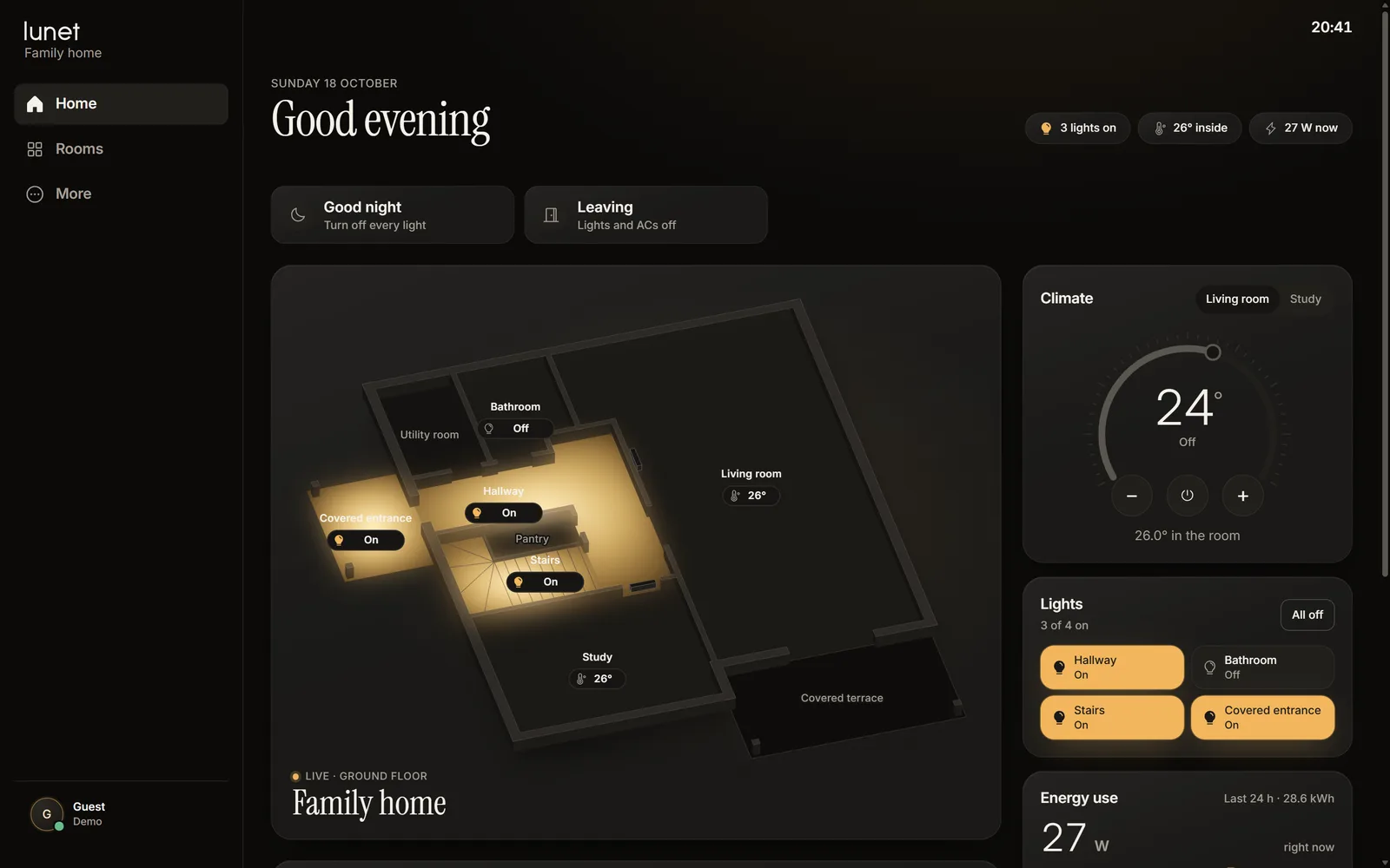 Lunet-App auf einem Computerbildschirm: die Startansicht mit Grundriss, Klima und Licht