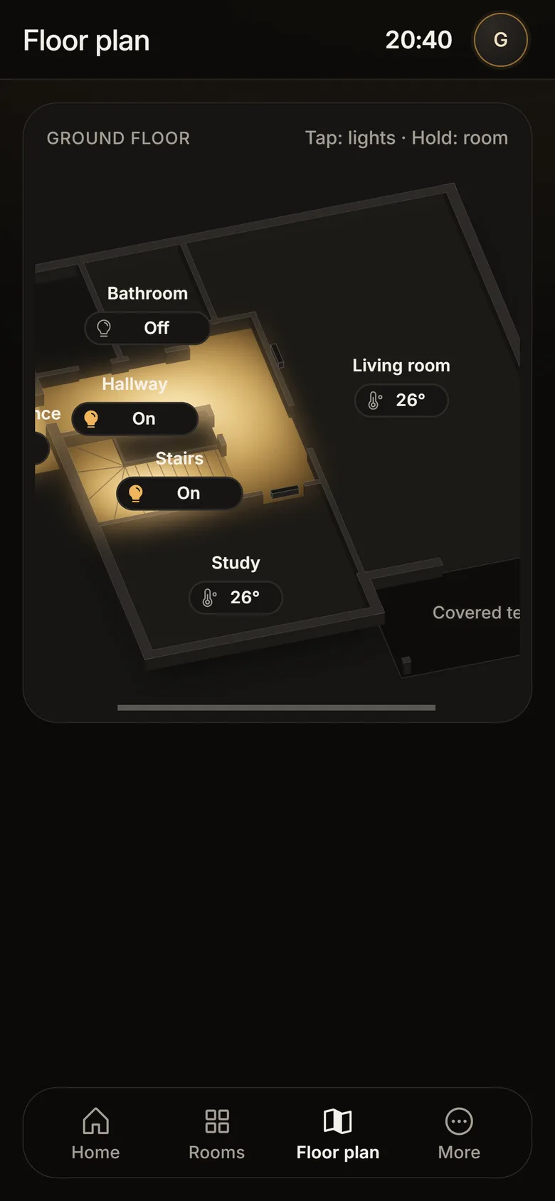 Lunet-App: ein Grundriss mit beleuchteten Räumen und Temperaturen