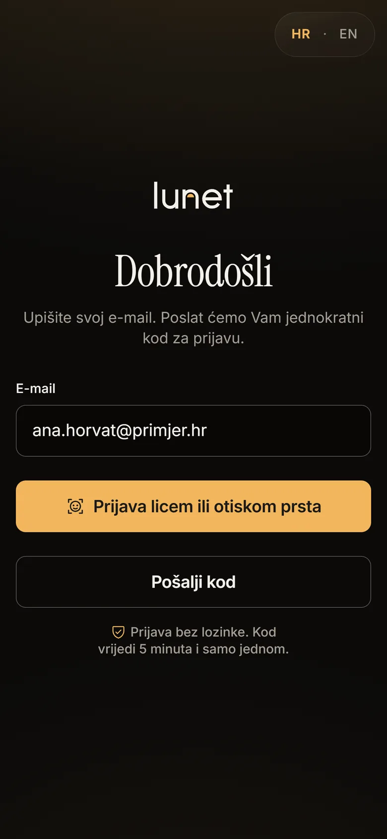 Aplikacija Lunet: zaslon za prijavu bez lozinke