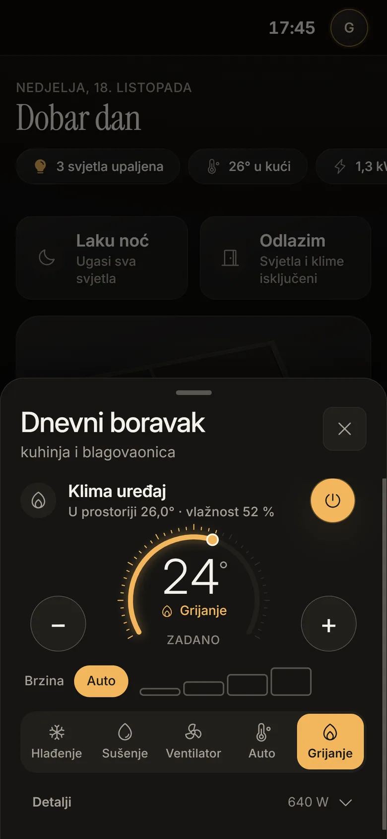 Aplikacija Lunet: zaslon prostorije sa svjetlima i klimom