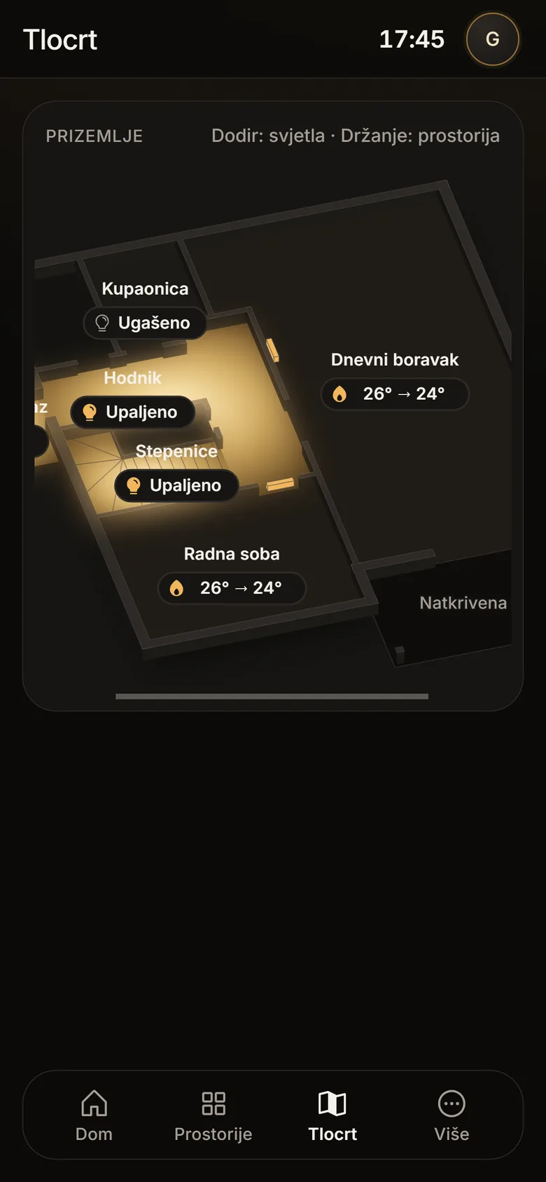 Aplikacija Lunet: tlocrt kuće s upaljenim svjetlima i temperaturama po prostorijama